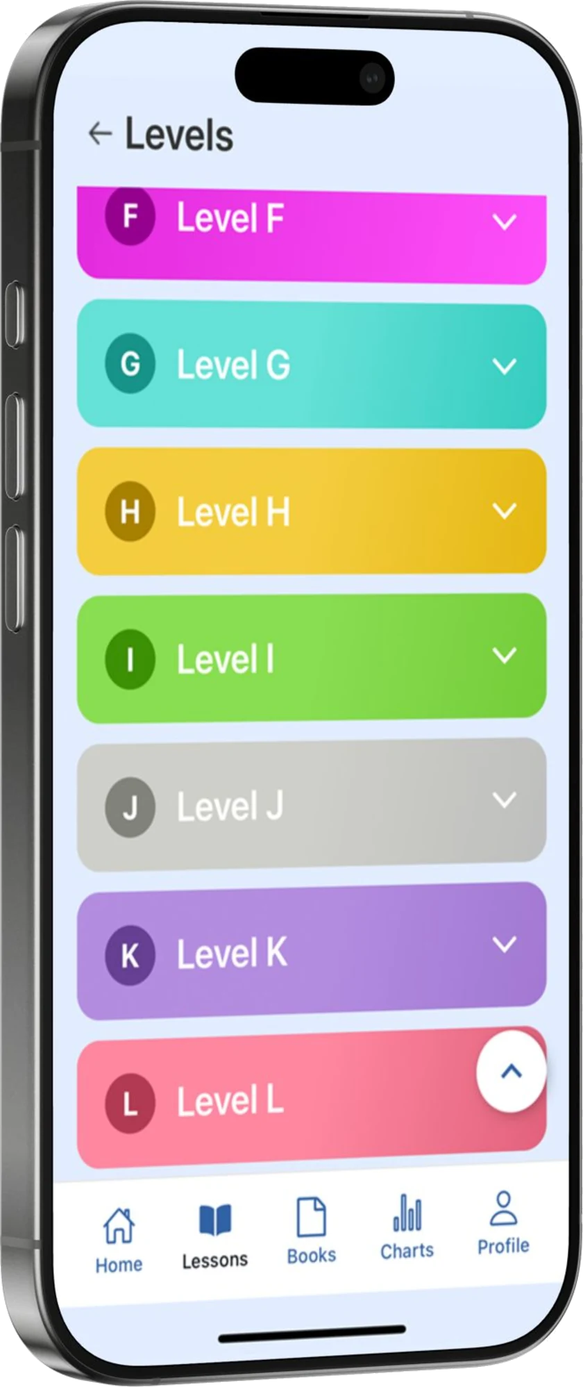 The app level list, showing Level F through Level L