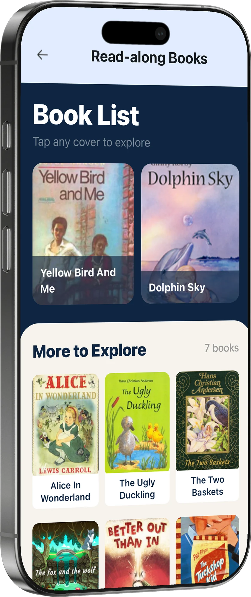 The read along book list in the app, showing book covers to choose from