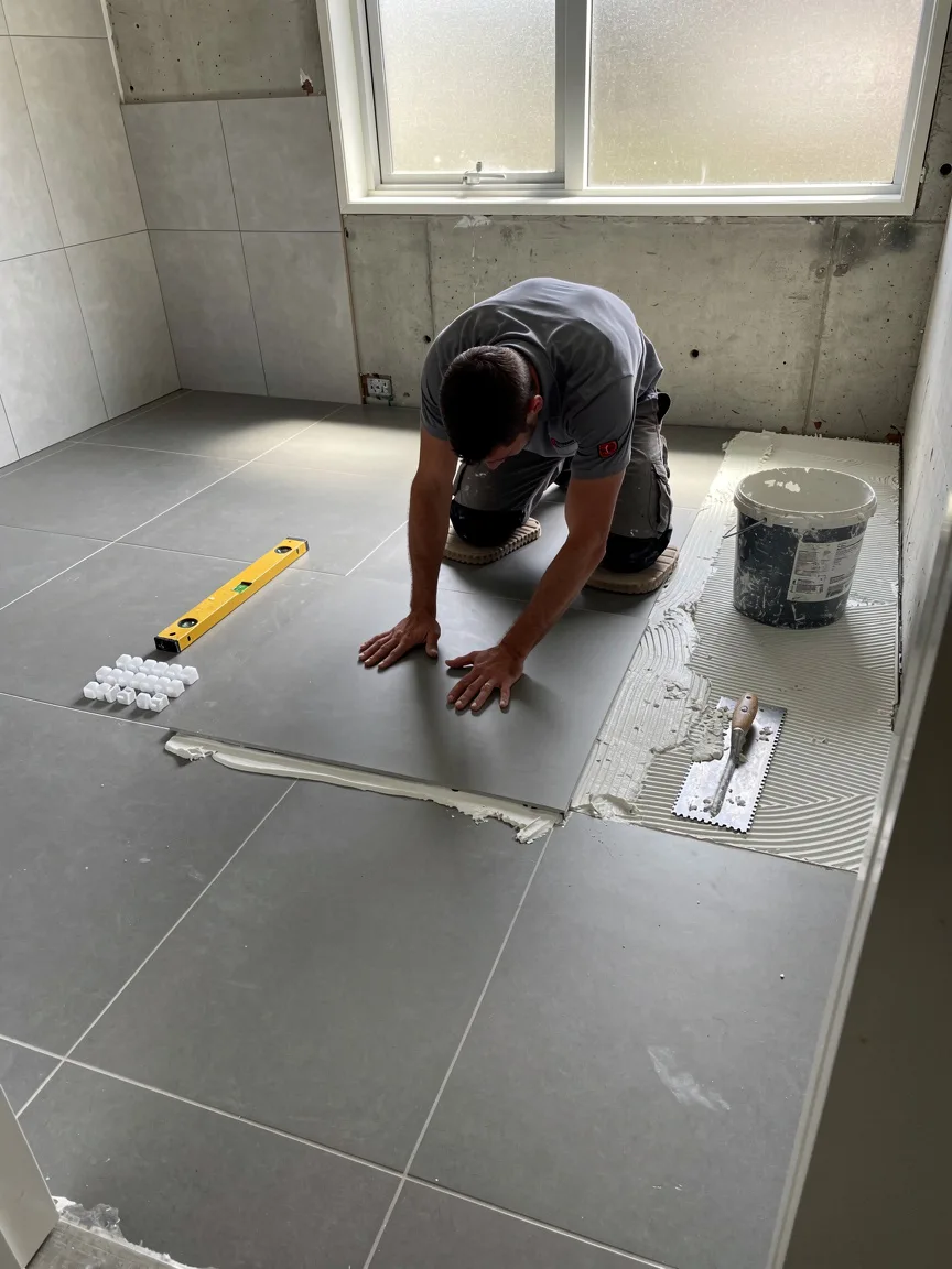 Sample image of a tiler laying a large floor tile
