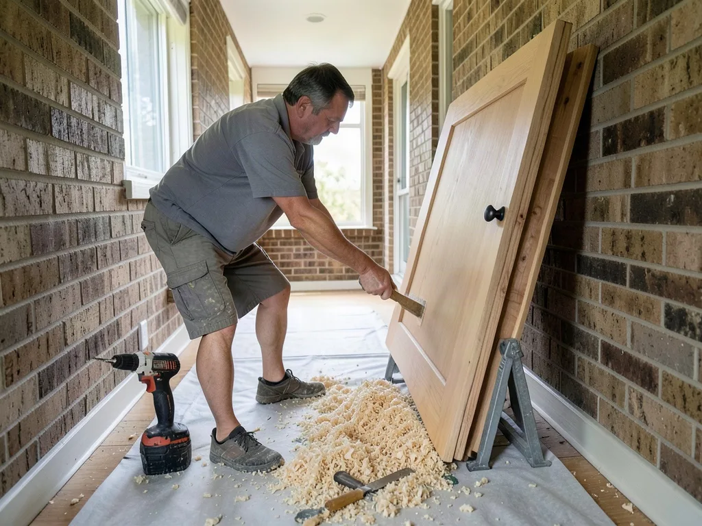 Sample image of a handyman easing a sticking timber door in a Melbourne home