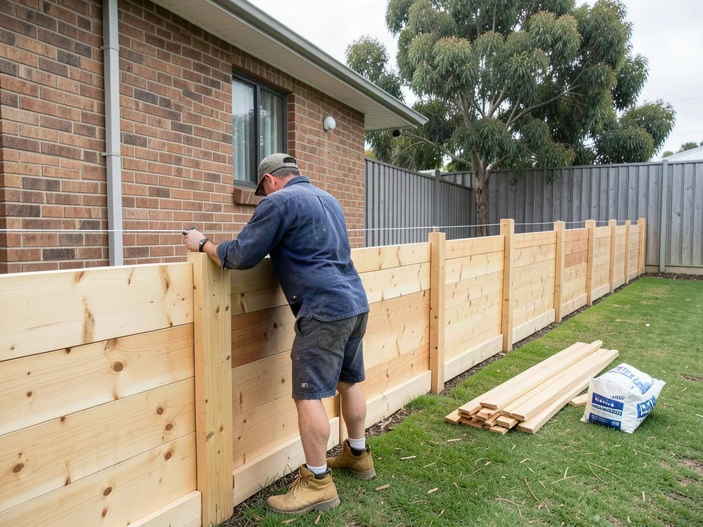 Sample image of a fencer fixing palings to the rails of a new timber fence