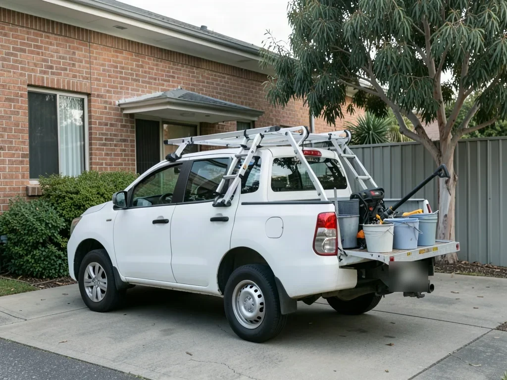 Sample image of a work ute with ladders on the roof racks outside a brick home