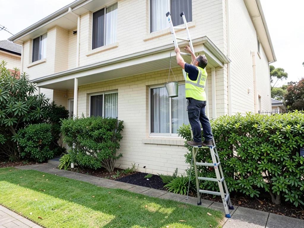 Sample image of a worker on an extension ladder clearing a gutter on a two storey home