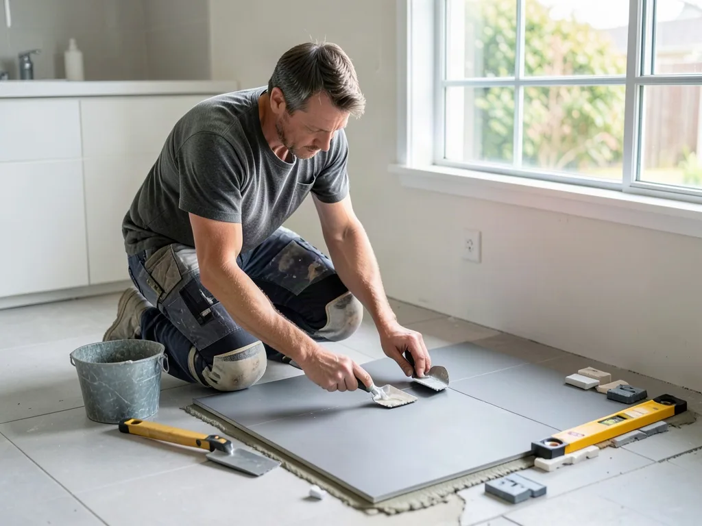 Sample image of a tiler laying a large floor tile