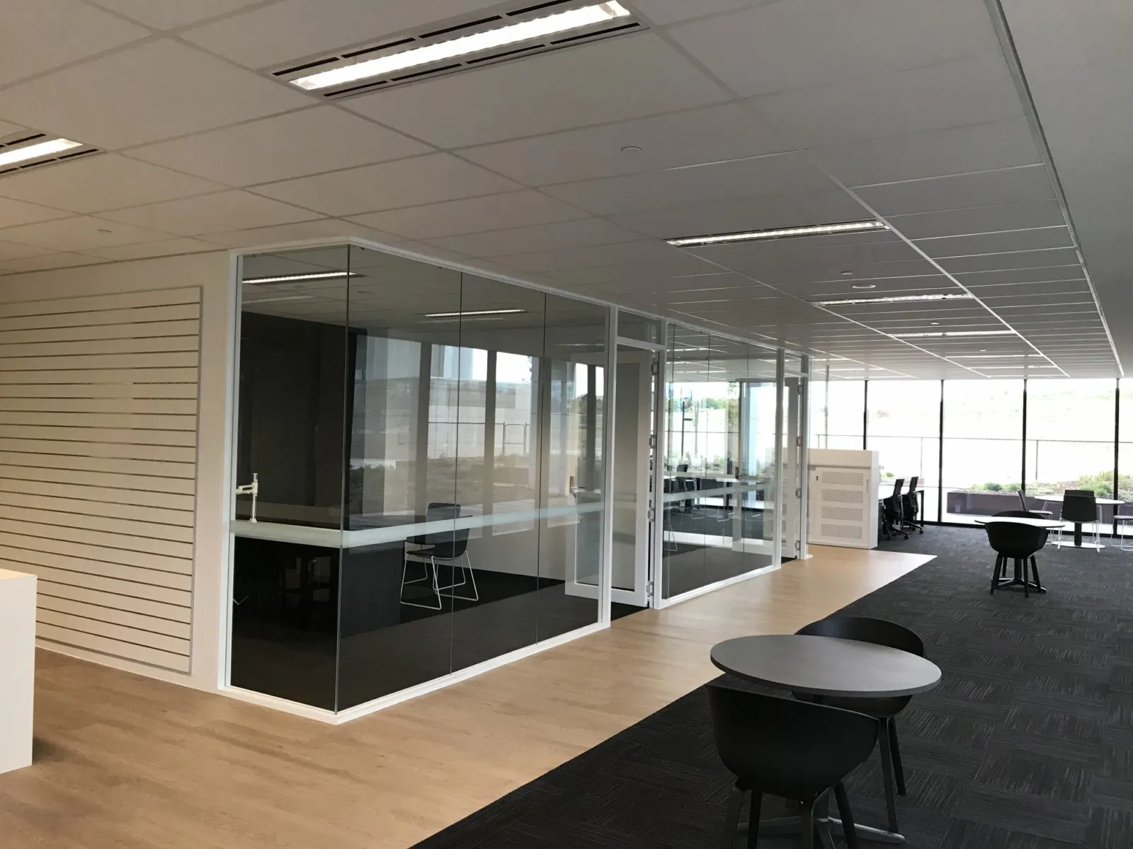 Office fit out with glass meeting rooms and linear lighting