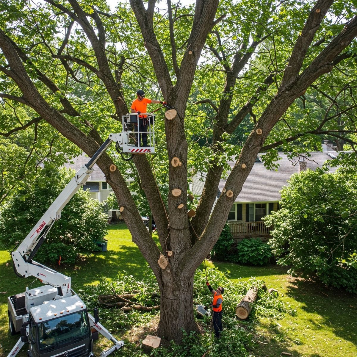 Crew in a cherry picker pruning a large tree above a suburban backyard