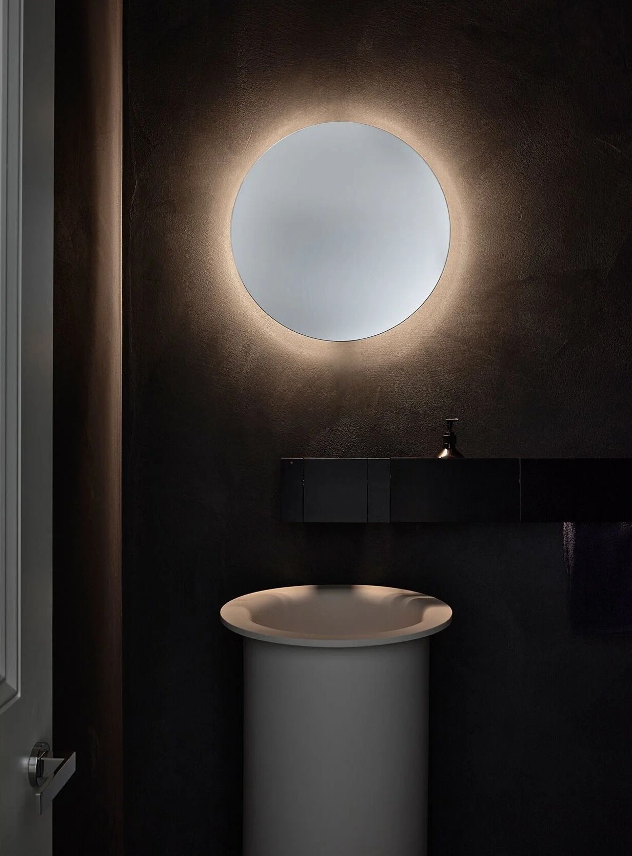 Norman Ave powder room, circular mirror