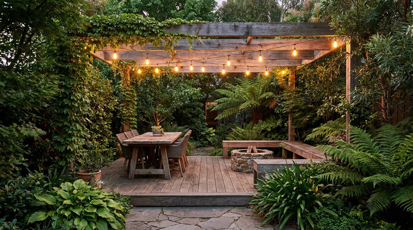 Other creations — handbuilt deck and pergola outdoor room at dusk