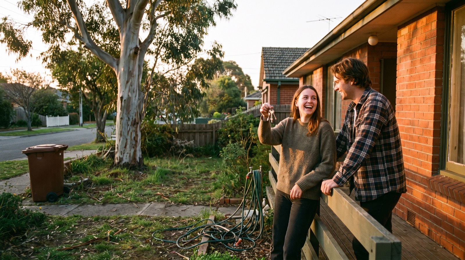 A couple holding house keys on the verandah of a suburban Melbourne home