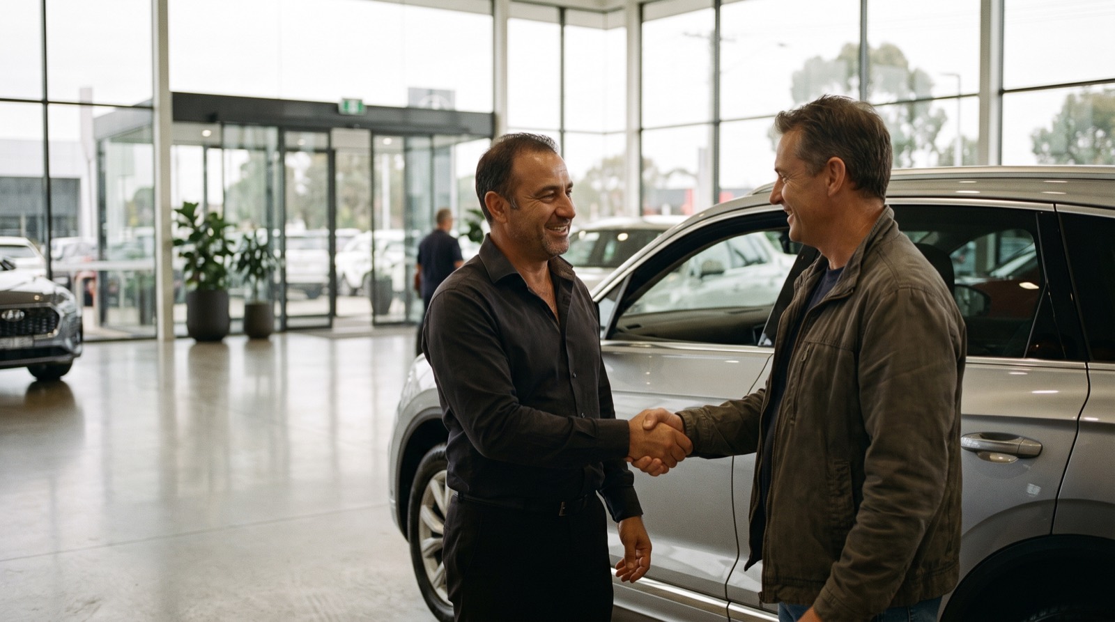 A finance manager shaking hands with a customer beside a new car in a dealership showroom