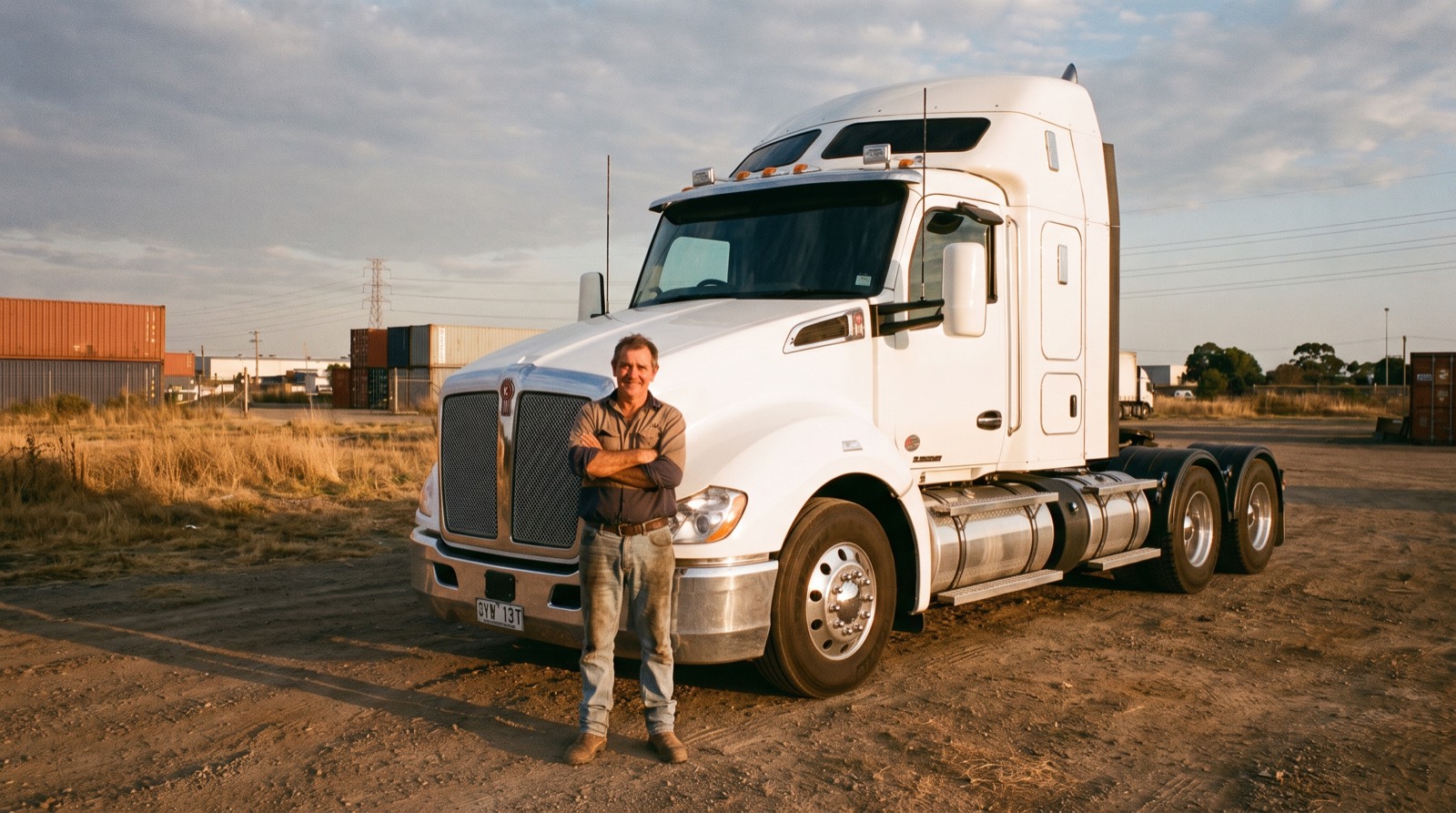 An owner operator standing beside his new prime mover in an Australian transport yard