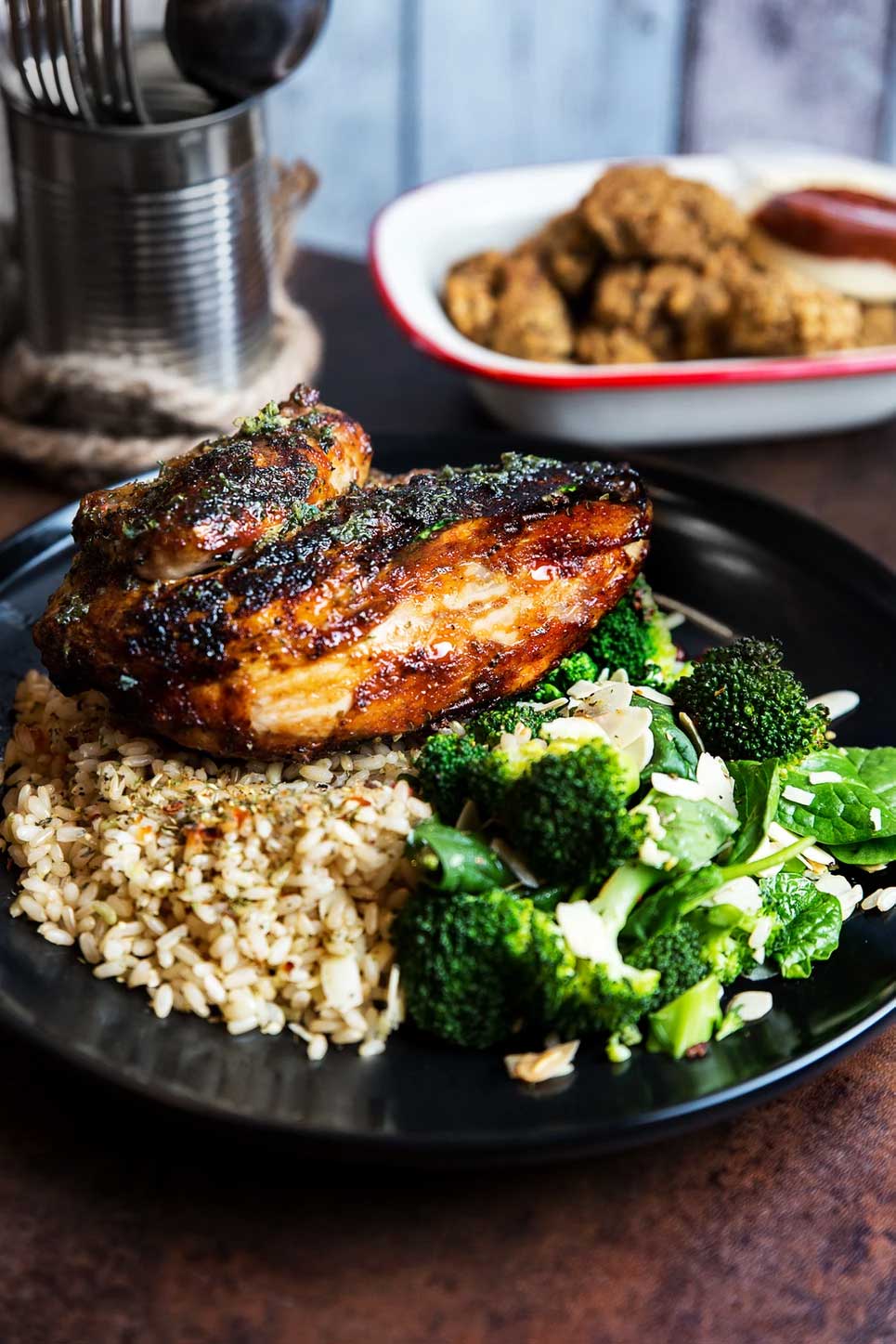 Grilled chicken with brown rice and greens