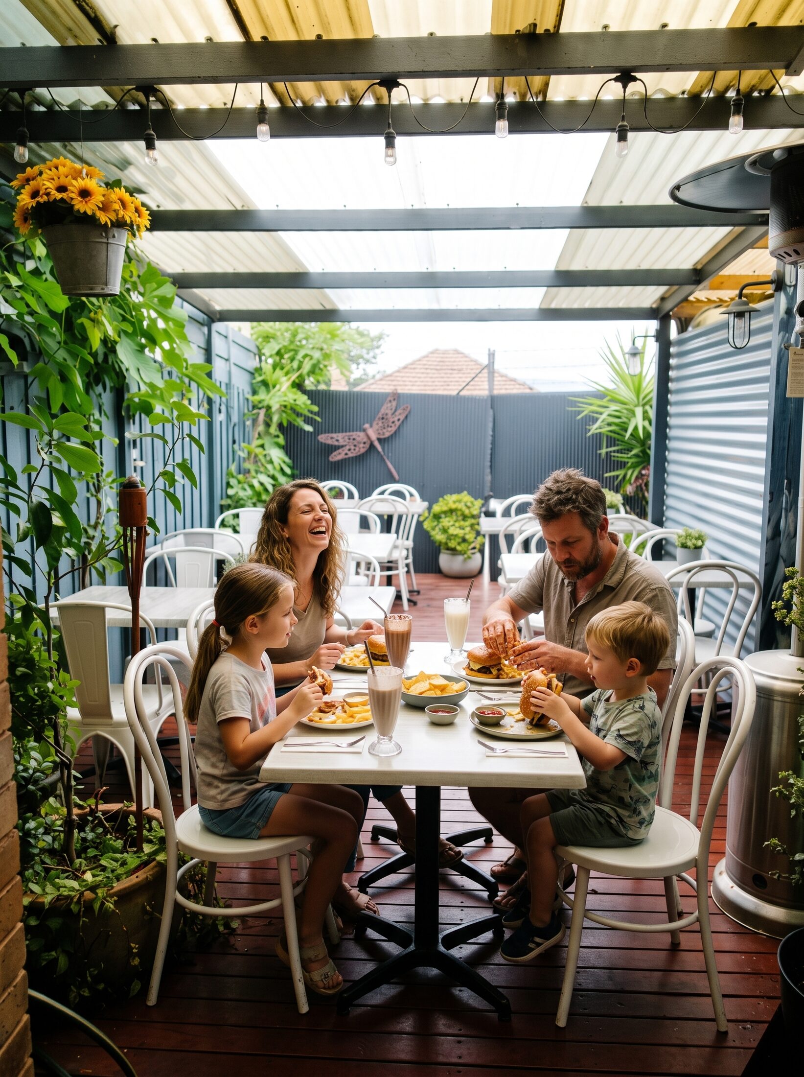 A family eating burgers and chips in the courtyard