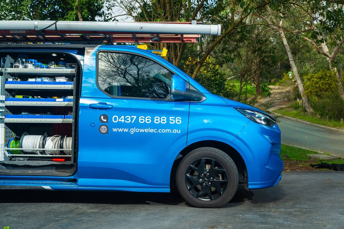 Van shelving stocked with cable, switchgear and fittings