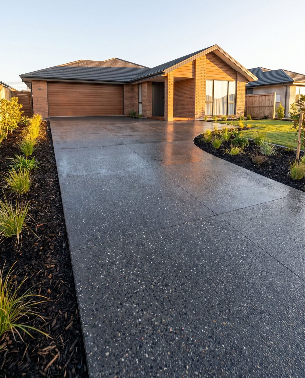 New premium exposed aggregate driveway after