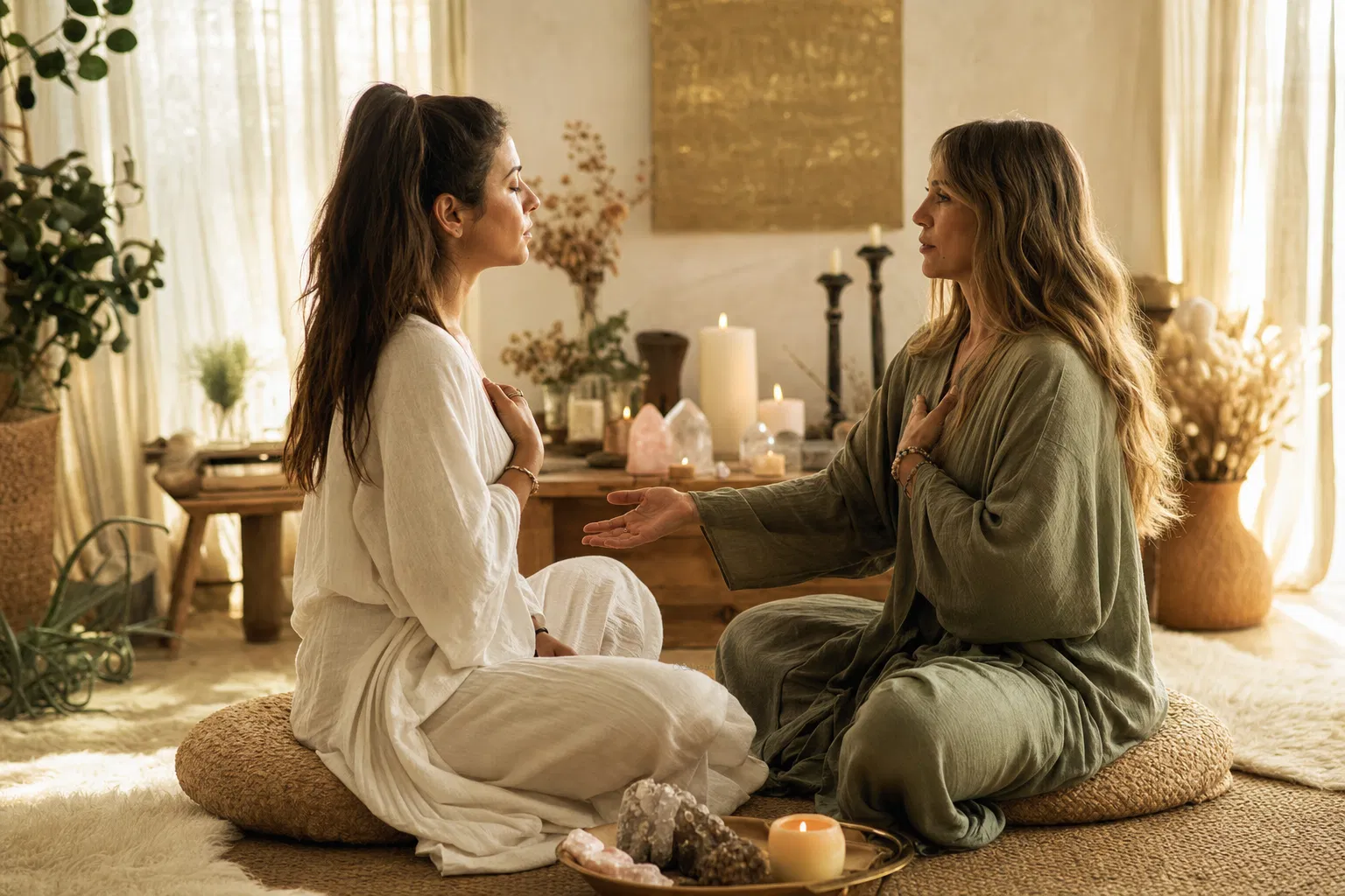 Two women sitting together in a guided meditation in a candlelit studio