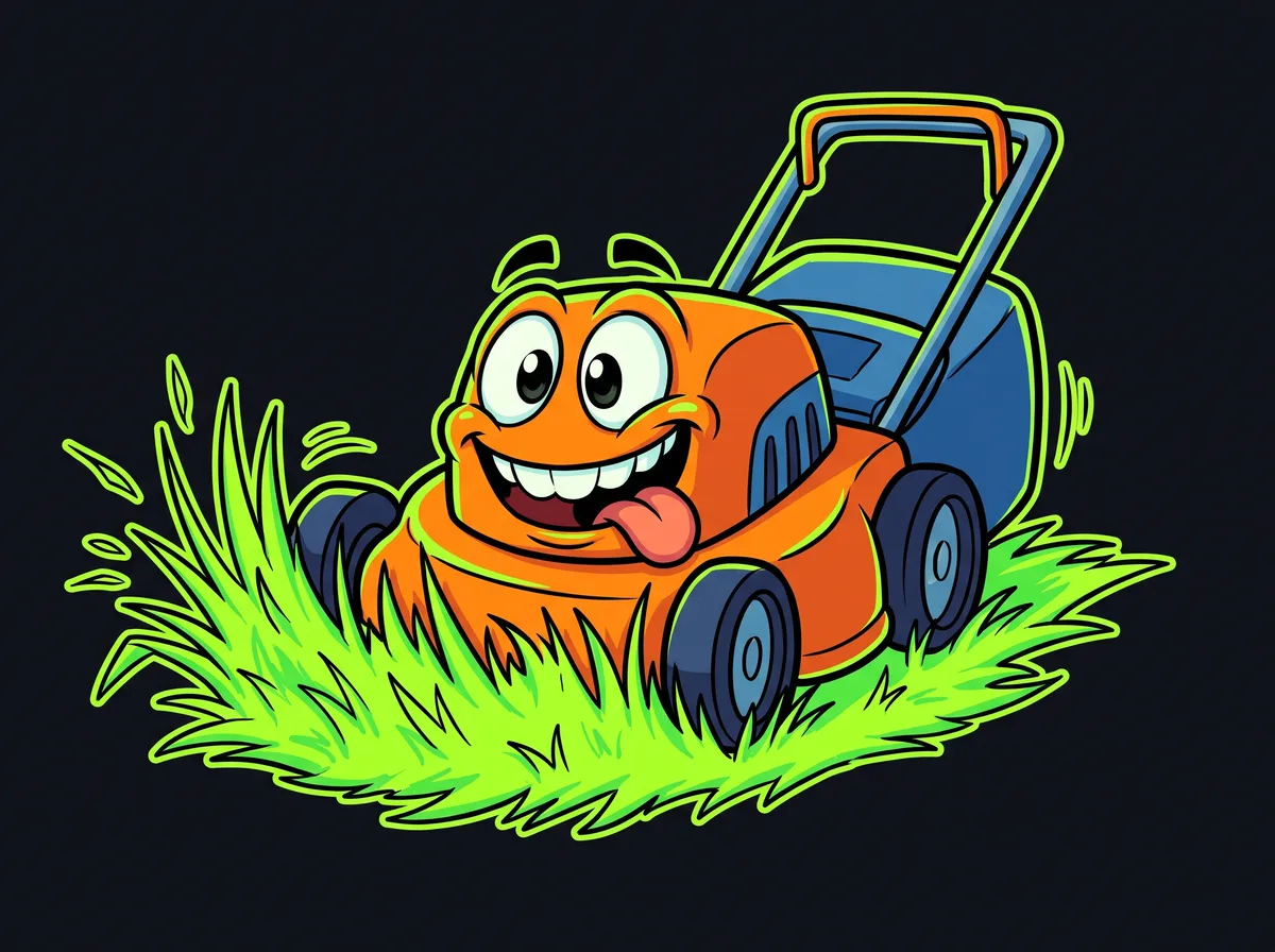 Cartoon lawnmower with a grinning face eating a patch of long grass