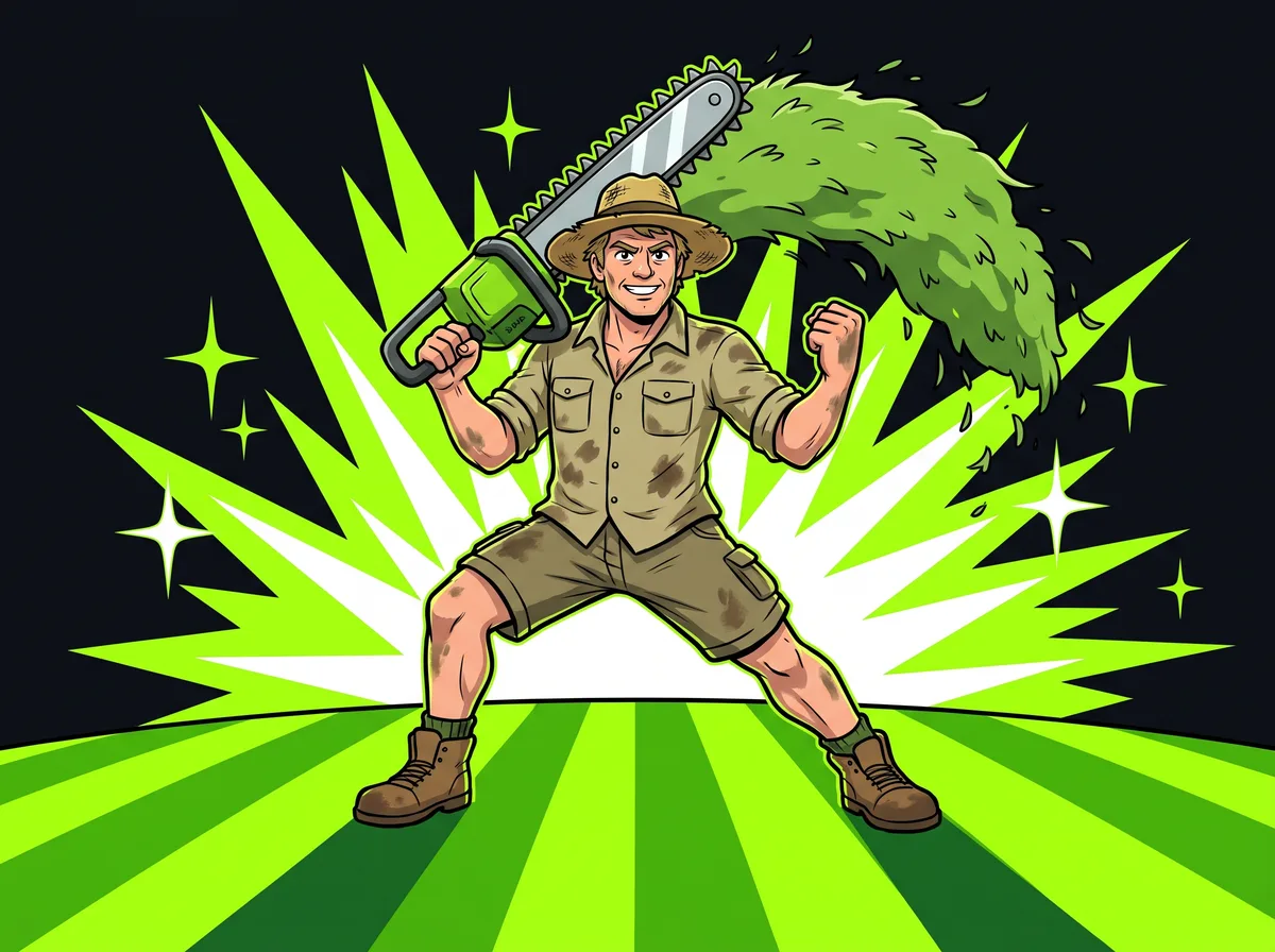 Cartoon gardener in a hero pose on a striped lawn holding a power tool over one shoulder