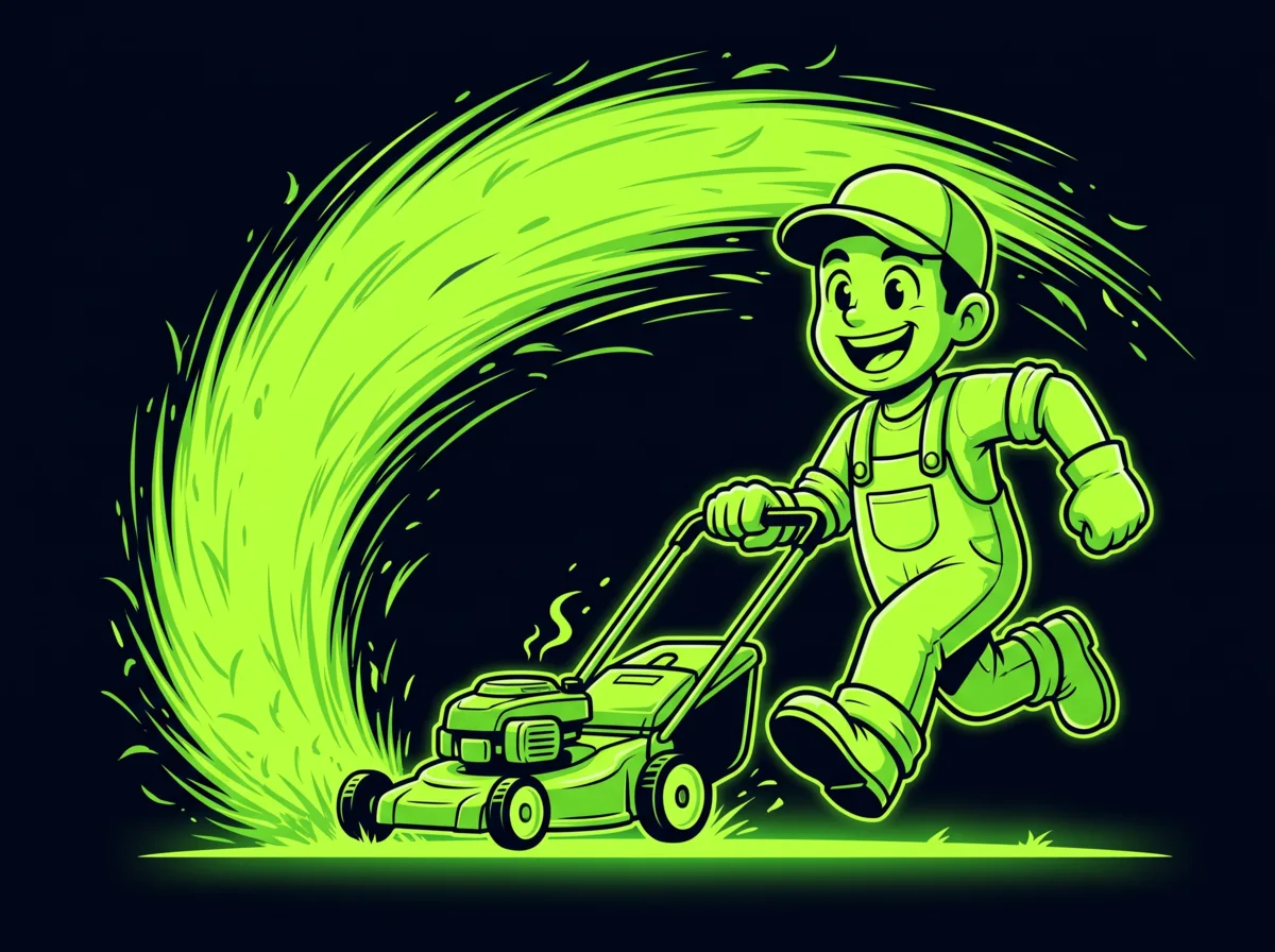 Cartoon of a mowing worker being towed along behind a lawnmower with clippings flying