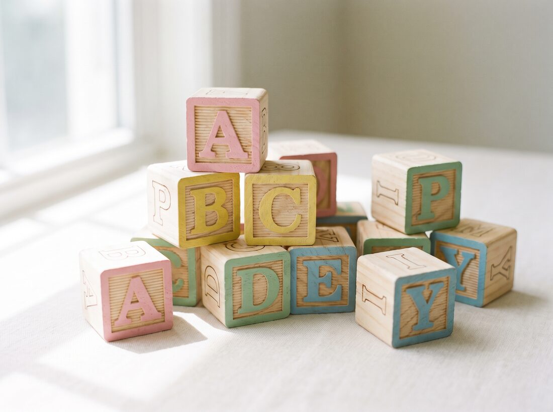 Wooden alphabet blocks in soft pastel colours