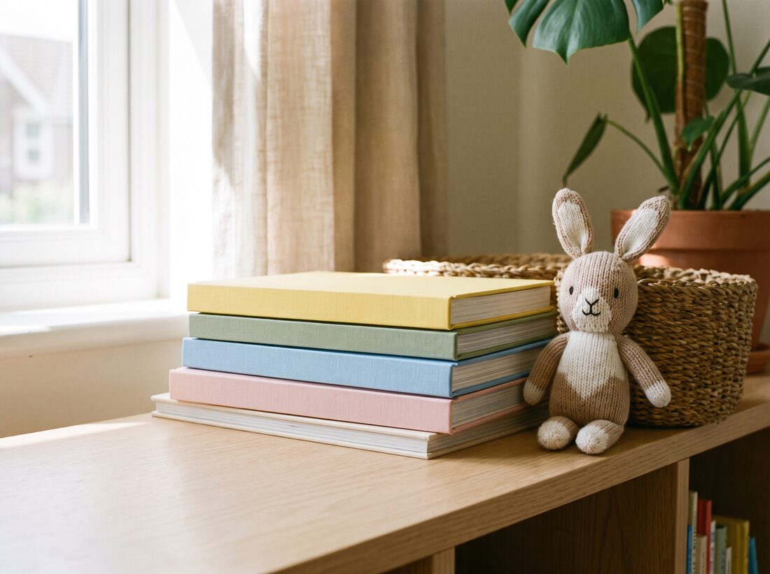 A stack of children's picture books beside a knitted rabbit