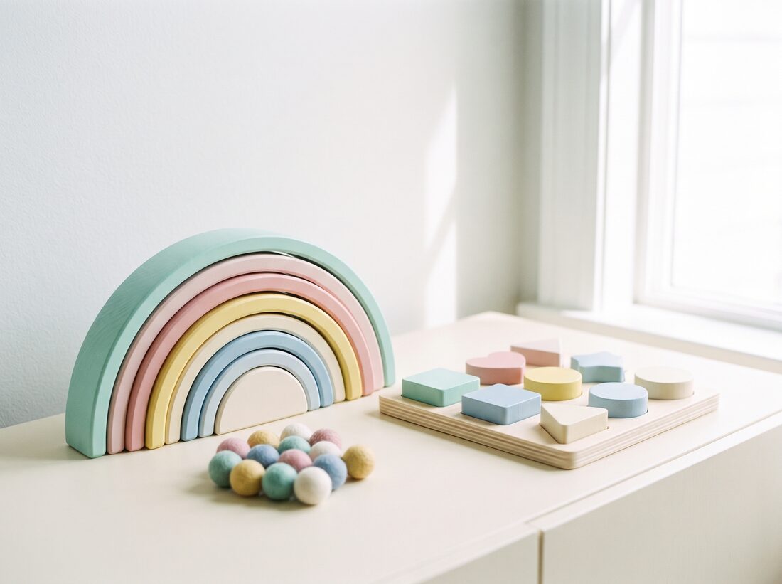 A wooden rainbow stacking toy beside a shape sorting puzzle