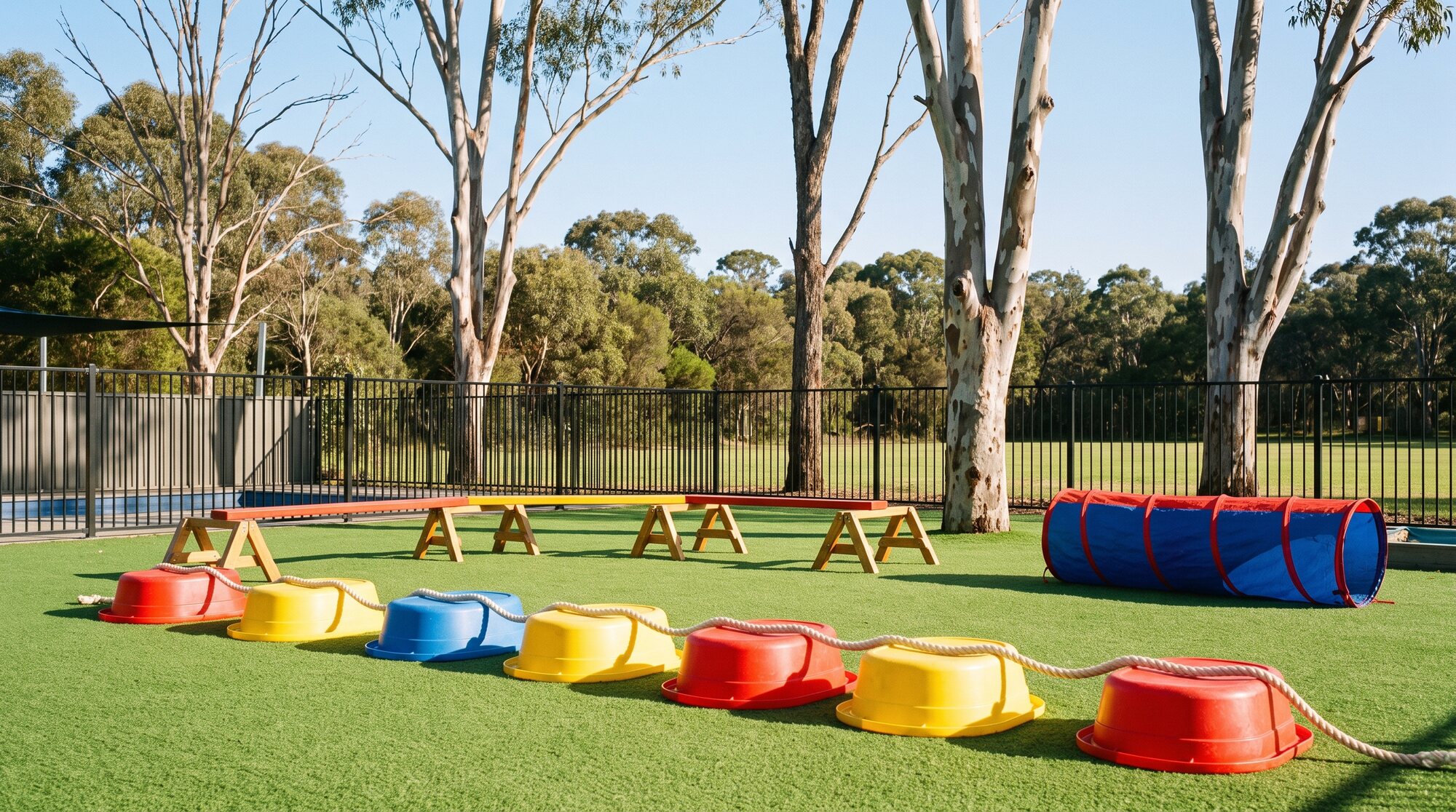 The outdoor play yard, with coloured stepping tubs, balance beams and gum trees