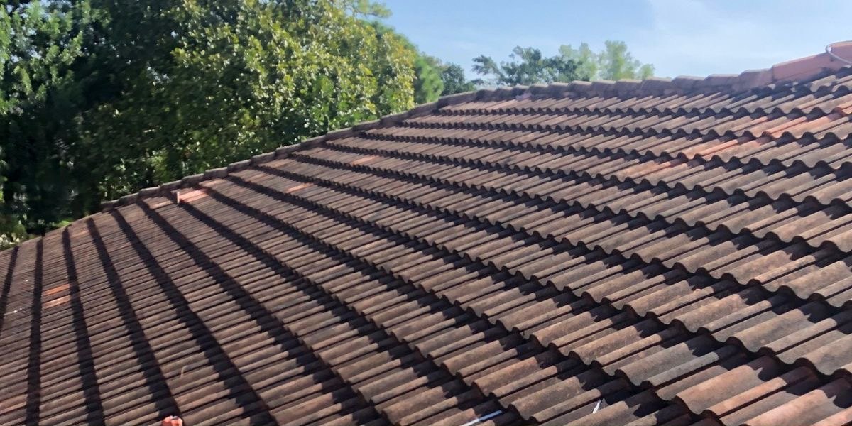 The same tile roof before restoration, weathered and covered in grime