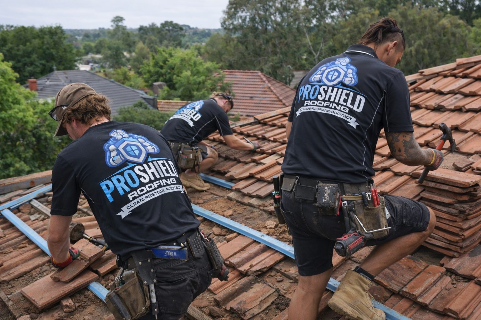 Three Pro Shield roofers stripping an old terracotta roof