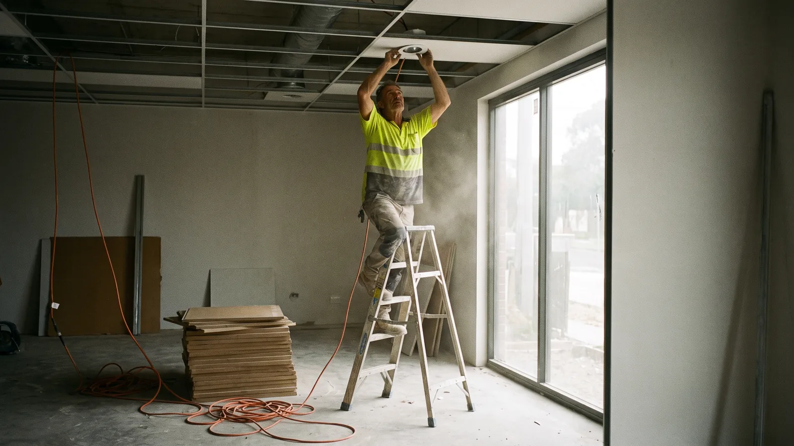 Electrician on a ladder installing downlights into a suspended ceiling grid