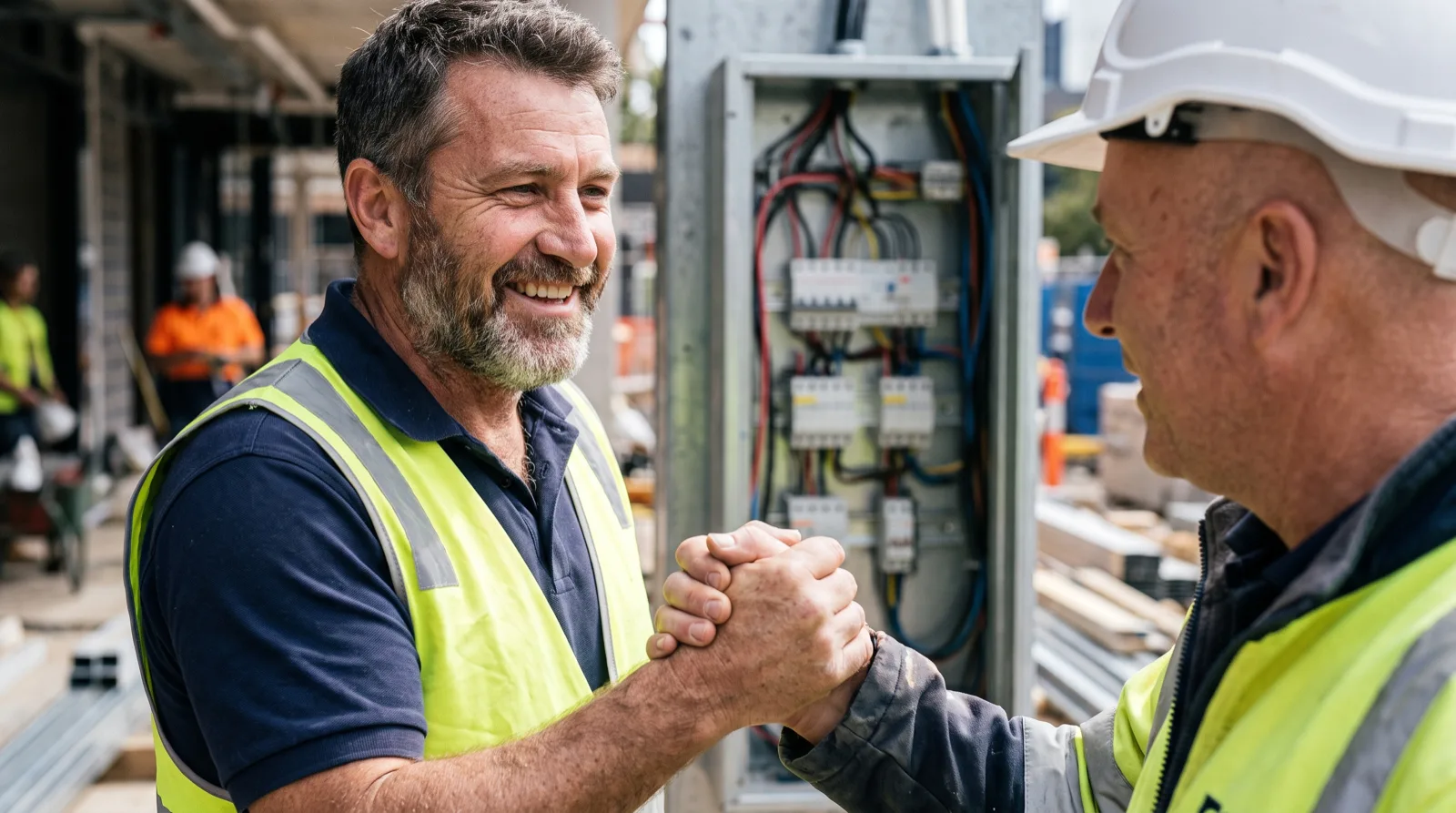 Right 1 Group electrician and a commercial site manager shaking hands after a job