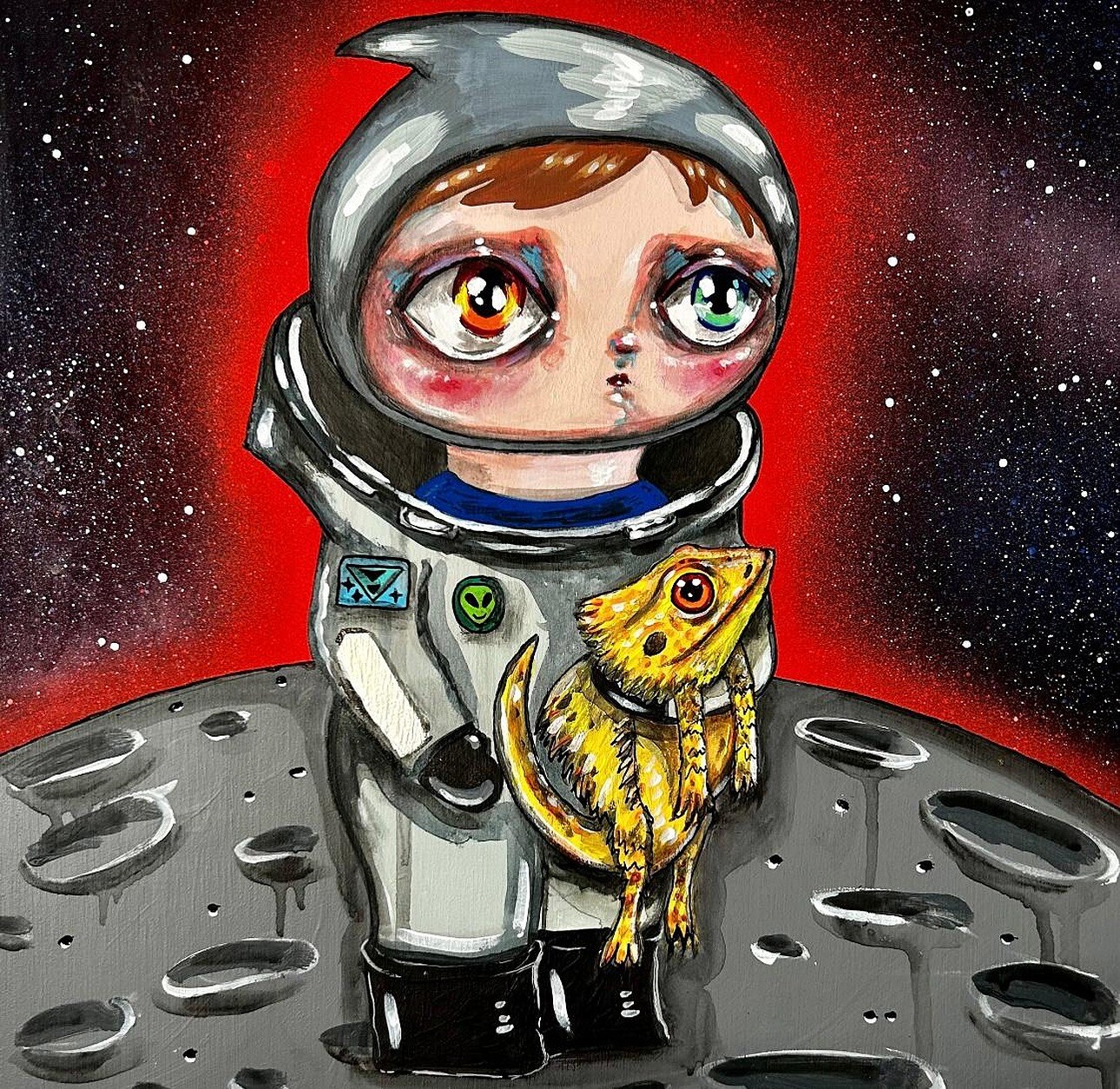 Painting of a figure in a space helmet on a red ground, framed by Studio9Art