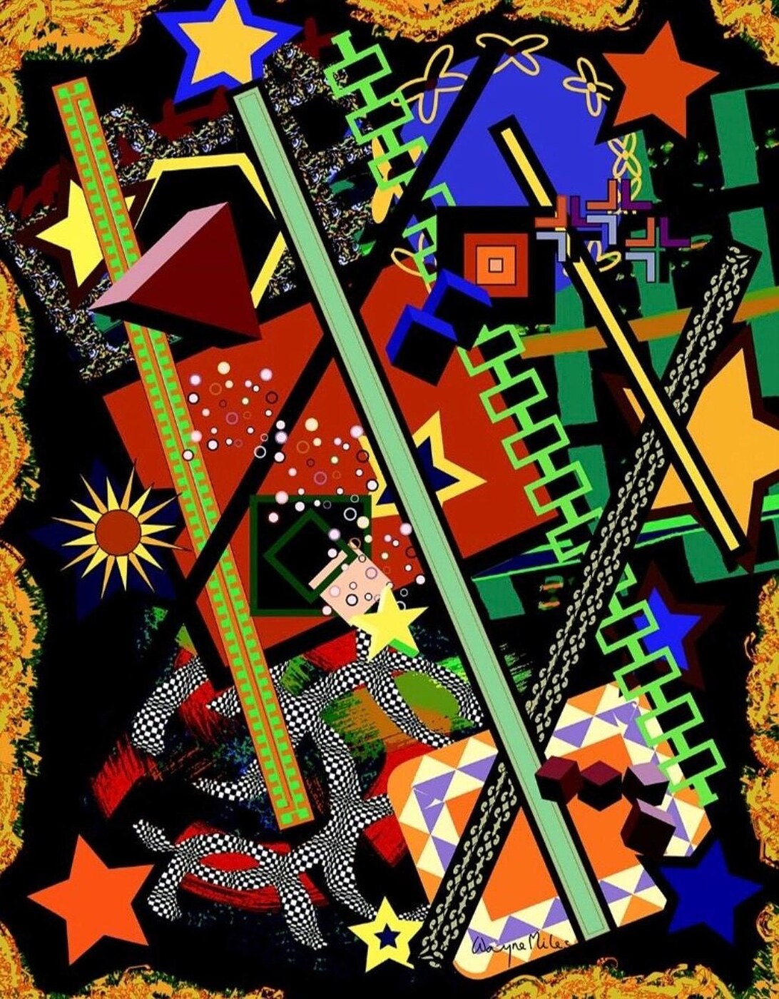 Bright folk art painting on a dark ground, framed by Studio9Art