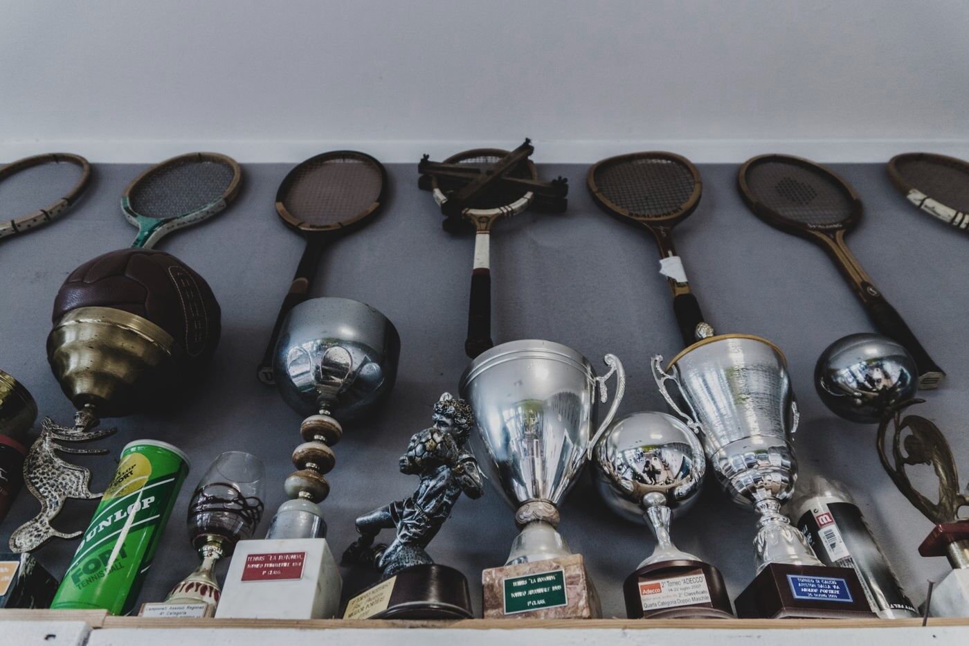 Vintage tennis trophies and rackets, framed and shelved — Studio9Art