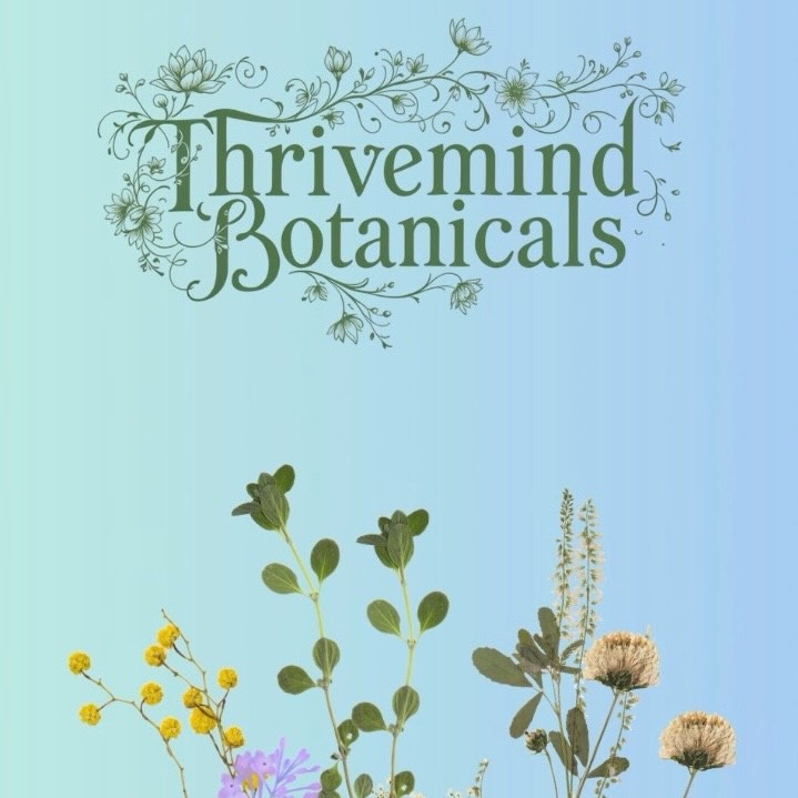 Thrivemind Botanicals wordmark above a spray of dried wildflowers