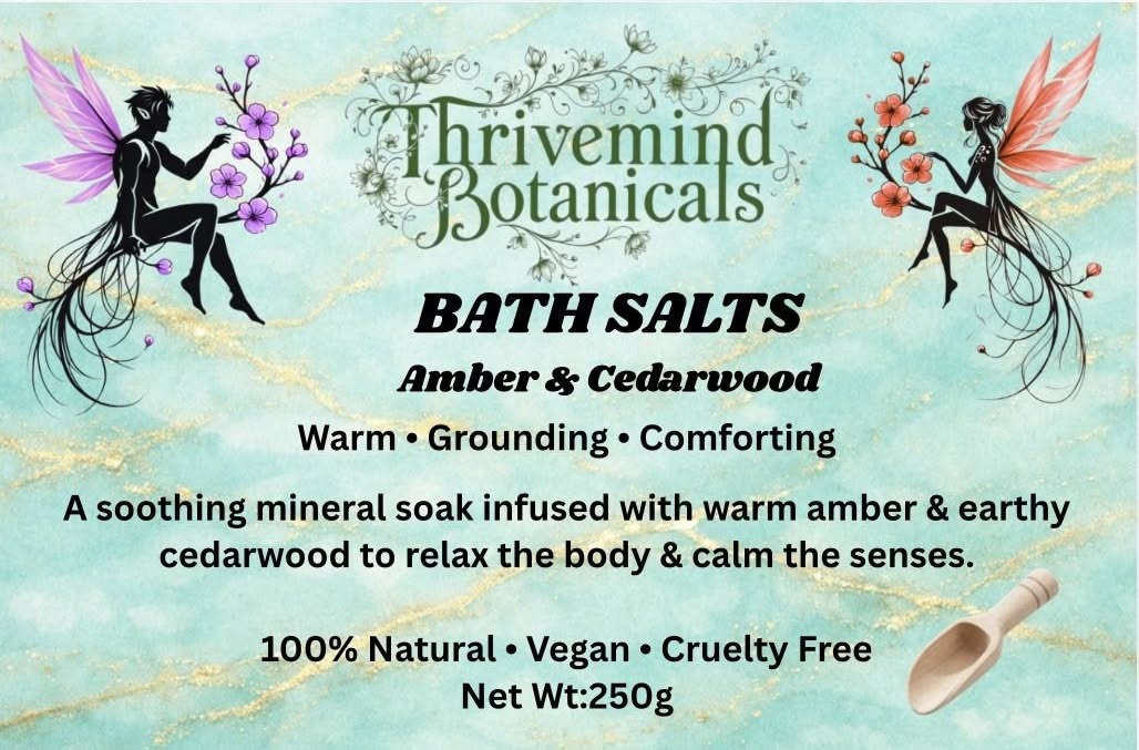 Thrivemind Botanicals Amber and Cedarwood bath salt label