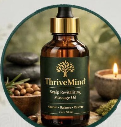 Thrivemind scalp revitalizing massage oil bottle